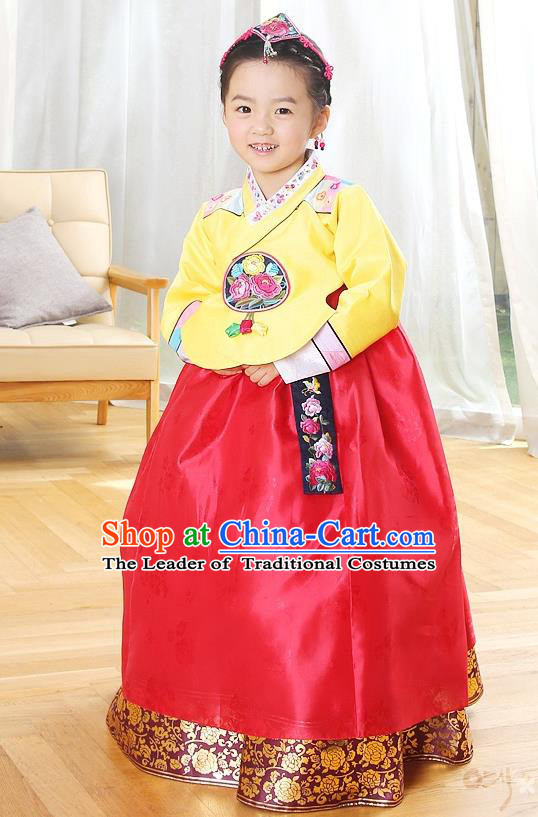 Asian Korean Traditional Handmade Formal Occasions Costume Princess Embroidered Yellow Blouse and Red Dress Hanbok Clothing for Girls