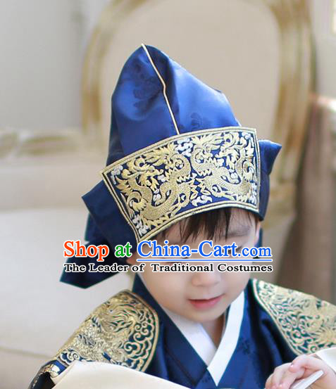 Traditional Korean Hair Accessories Blue Embroidered Prince Hats, Asian Korean Fashion Wedding Headwear for Kids