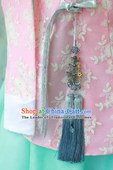 Traditional Korean Accessories Light Blue Tassel Butterfly Waist Pendant, Asian Korean Fashion Wedding Tassel Hanbok Waist Decorations for Kids