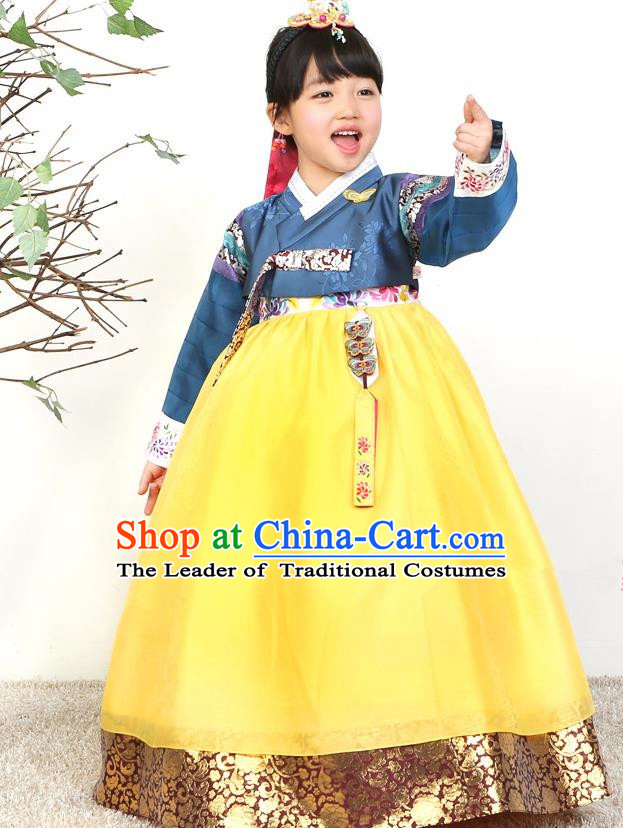 Asian Korean National Traditional Handmade Formal Occasions Girls Embroidered Blue Blouse and Yellow Dress Costume Hanbok Clothing for Kids