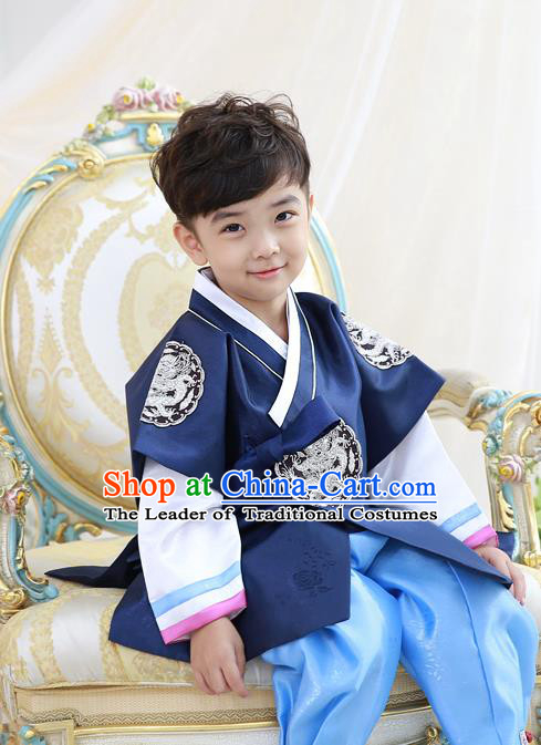 Asian Korean National Traditional Handmade Formal Occasions Embroidered Thronfolger Costume Wedding Deep Blue Hanbok Clothing for Boys