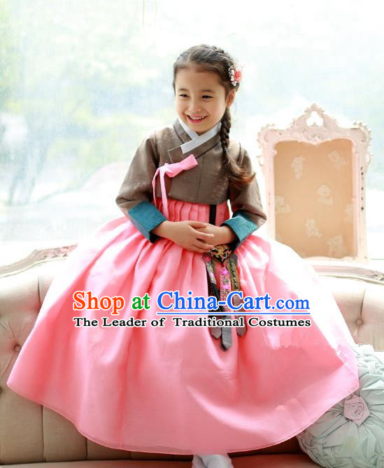 Asian Korean National Traditional Handmade Formal Occasions Girls Embroidered Grey Blouse and Pink Dress Costume Hanbok Clothing for Kids
