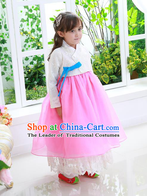 Asian Korean National Traditional Handmade Formal Occasions Girls White Lace Blouse and Pink Dress Costume Hanbok Clothing for Kids