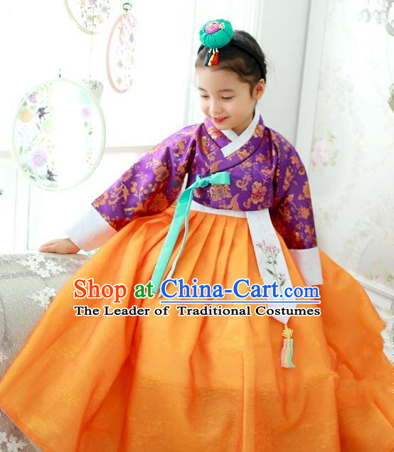 Traditional Korean National Handmade Formal Occasions Girls Hanbok Costume Embroidered Purple Blouse and Yellow Dress for Kids