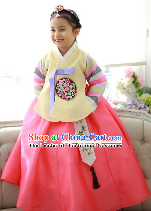 Traditional Korean National Handmade Formal Occasions Girls Hanbok Costume Embroidered Yellow Blouse and Watermelon Red Dress for Kids