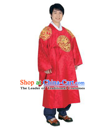 Korean National Traditional Handmade Wedding Embroidery Hanbok Costume, Asian Korean Palace Bridegroom Red Dragon Robe for Men