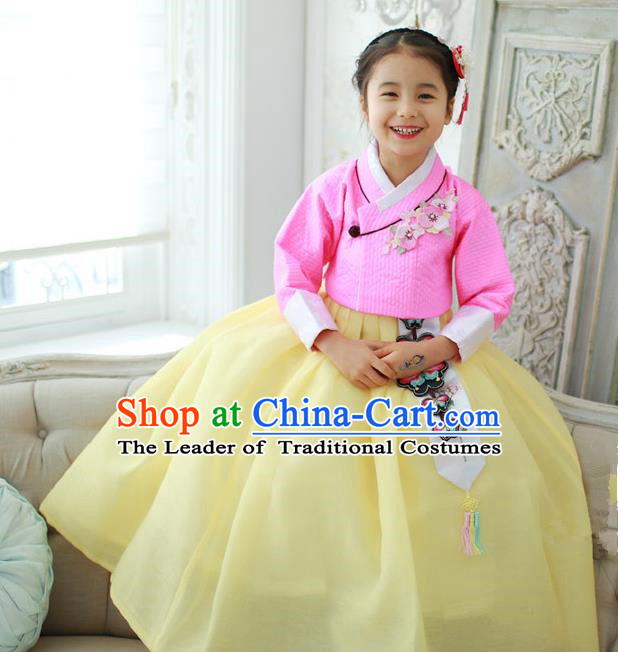 Korean National Handmade Formal Occasions Girls Embroidery Hanbok Costume Pink Blouse and Yellow Dress Complete Set for Kids