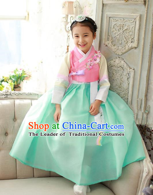 Korean National Handmade Formal Occasions Girls Embroidery Hanbok Costume Pink Blouse and Green Dress Complete Set for Kids