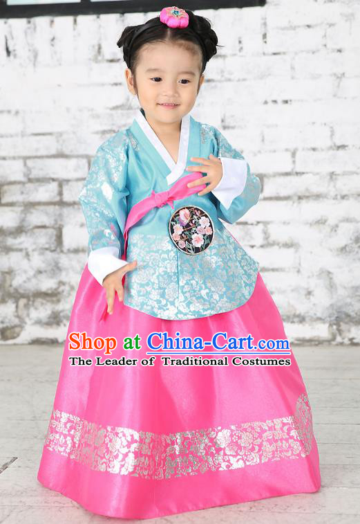 Traditional Korean National Handmade Formal Occasions Embroidered Blue Blouse and Pink Dress Girls Palace Hanbok Costume for Kids