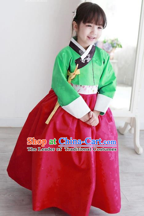 Korean National Handmade Formal Occasions Embroidered Green Blouse and Red Dress Hanbok Costume for Kids