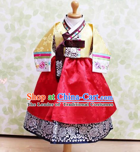 Korean National Handmade Formal Occasions Embroidered Yellow Blouse and Red Dress Hanbok Costume for Kids