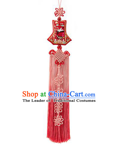 Korean National Accessories Bride Wedding Embroidered Crane Red Chinese Knots Waist Pendant, Asian Korean Hanbok Tassel Waist Decorations for Women