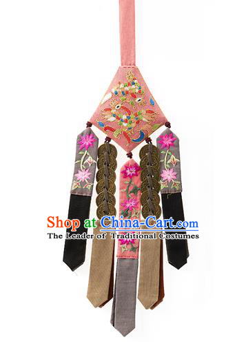 Korean National Belts Accessories Bride Wedding Hanbok Embroidered Pink Waist Pendant, Asian Korean Copper Cash Tassel Waist Decorations for Women