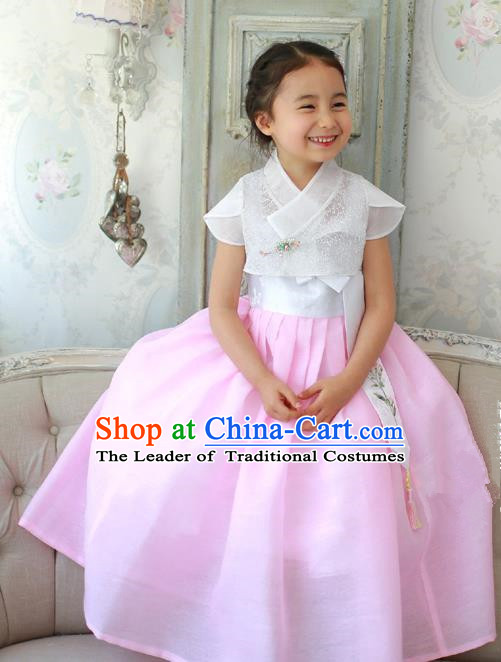Asian Korean National Handmade Formal Occasions Embroidery White Blouse and Pink Dress Hanbok Costume for Kids