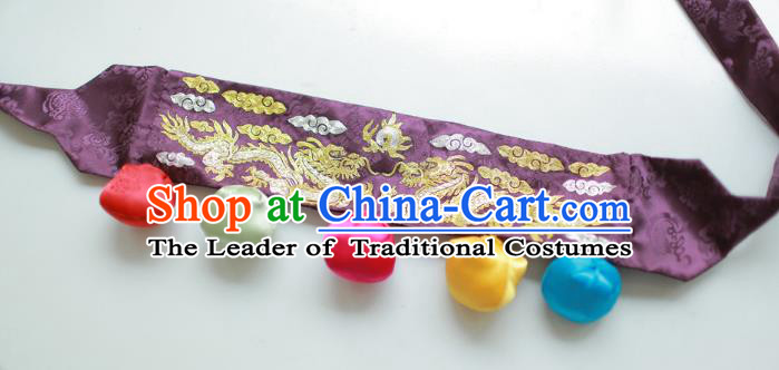 Traditional Korean Accessories Embroidered Dragon Purple Waist Belts, Asian Korean Fashion Waistband Decorations for Kids