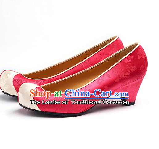 Traditional Korean National Wedding Embroidered Watermelon Red Shoes, Asian Korean Hanbok Bride Embroidery Satin Shoes for Women