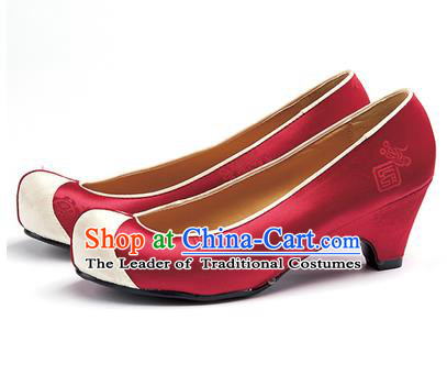 Traditional Korean National Wedding Red Embroidered Shoes, Asian Korean Hanbok Bride Embroidery Satin High-heeled Shoes for Women