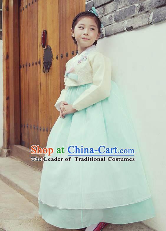 Asian Korean National Handmade Formal Occasions Wedding Embroidered White Blouse and Blue Dress Traditional Palace Hanbok Costume for Kids