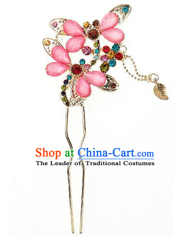 Traditional Korean National Wedding Hair Accessories Bride Palace Cyphers Pink Butterfly Hairpins, Korean Hanbok Fashion Hair Stick Headwear for Women
