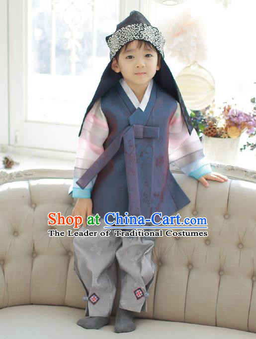 Asian Korean National Traditional Handmade Formal Occasions Boys Embroidery Deep Grey Vest Hanbok Costume Complete Set for Kids