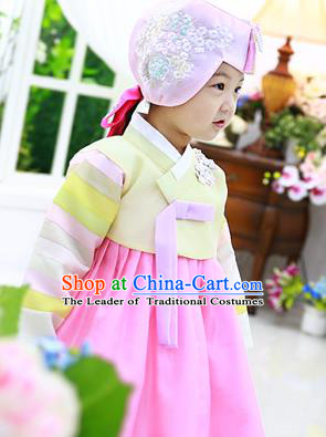 Asian Korean National Handmade Formal Occasions Wedding Clothing Yellow Blouse and Pink Dress Palace Hanbok Costume for Kids
