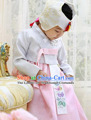 Asian Korean National Handmade Formal Occasions Wedding Clothing Grey Blouse and Pink Dress Palace Hanbok Costume for Kids