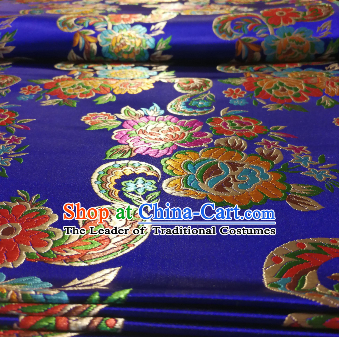 Royal Blue Color Chinese Royal Palace Style Traditional Flower Peony Pattern Design Brocade Fabric Silk Fabric Chinese Fabric Asian Material