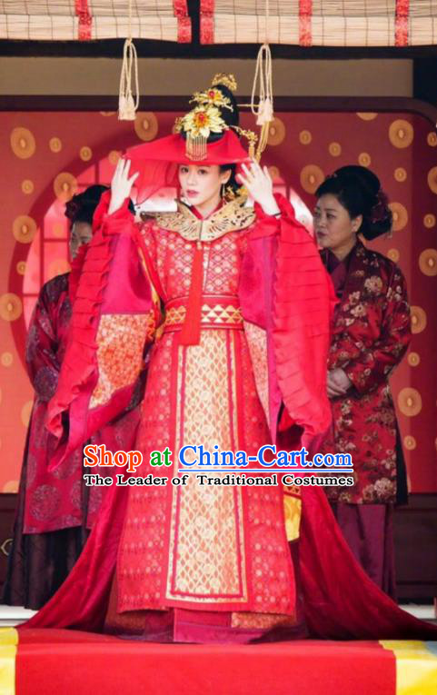 Traditional Chinese Song Dynasty Princess Wedding Costume, Asian China Ancient Palace Lady Embroidered Red Dress Clothing for Women