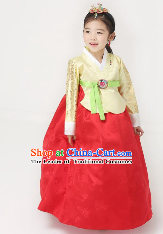 Korean National Handmade Formal Occasions Wedding Bride Clothing Embroidered Yellow Blouse and Red Dress Palace Hanbok Costume for Kids