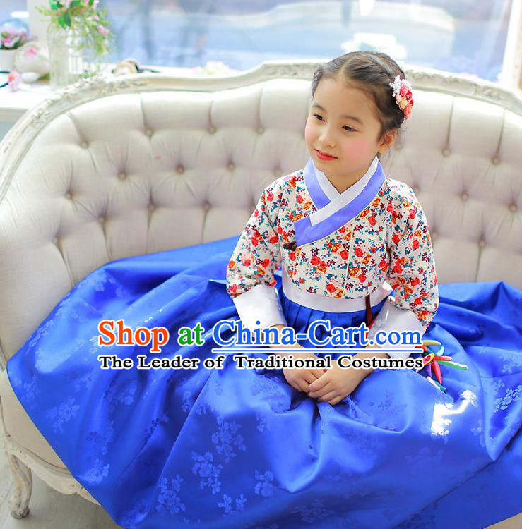 Korean National Handmade Formal Occasions Girls Hanbok Costume Embroidered Blouse and Blue Dress for Kids