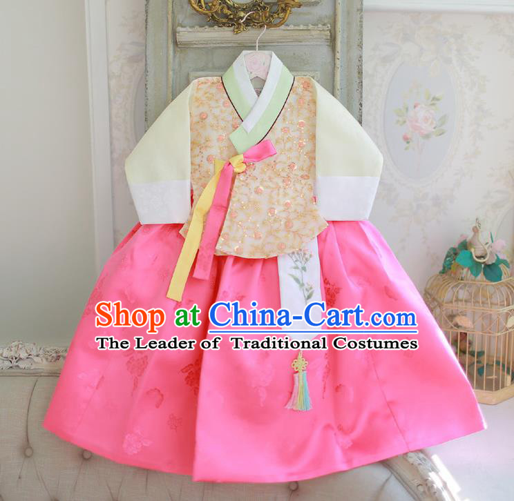 Korean National Handmade Formal Occasions Girls Hanbok Costume Embroidered Yellow Blouse and Pink Dress for Kids