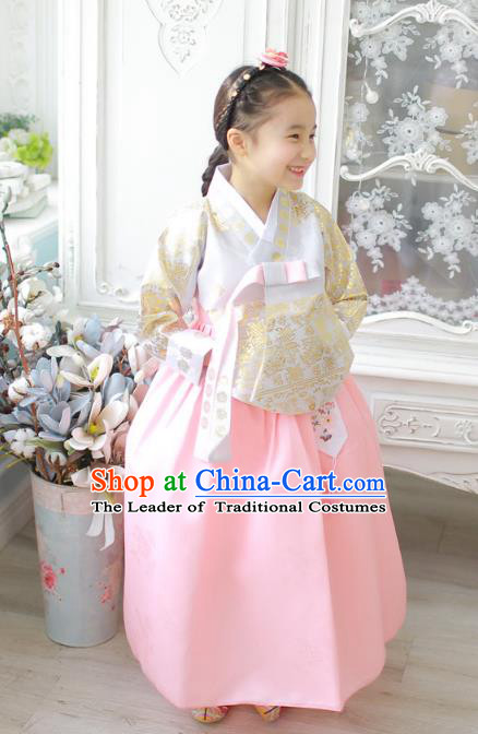 Asian Korean National Handmade Formal Occasions Wedding Girls Clothing Embroidered Beige Blouse and Pink Dress Palace Hanbok Costume for Kids