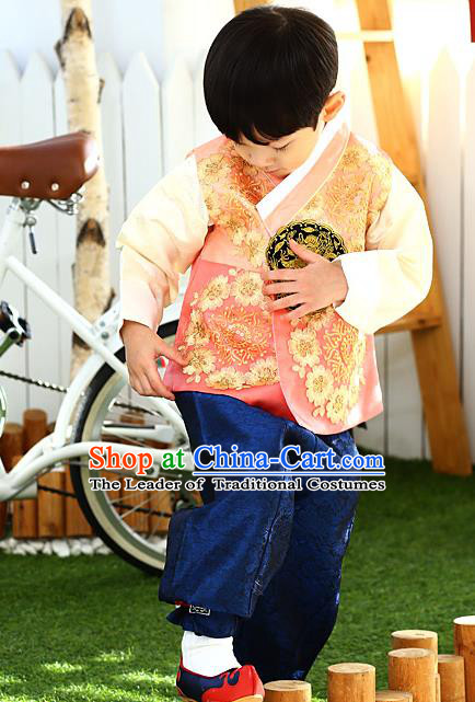 Asian Korean National Traditional Handmade Formal Occasions Boys Embroidery Orange Vest Hanbok Costume Complete Set for Kids