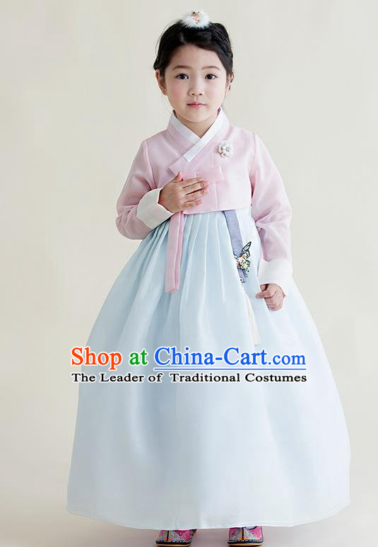 Asian Korean National Handmade Formal Occasions Wedding Girls Clothing Embroidered Pink Blouse and Blue Dress Palace Hanbok Costume for Kids