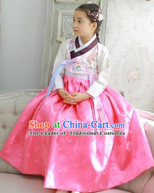 Asian Korean National Handmade Formal Occasions Wedding Girls Clothing Embroidered Pink Blouse and Dress Palace Hanbok Costume for Kids