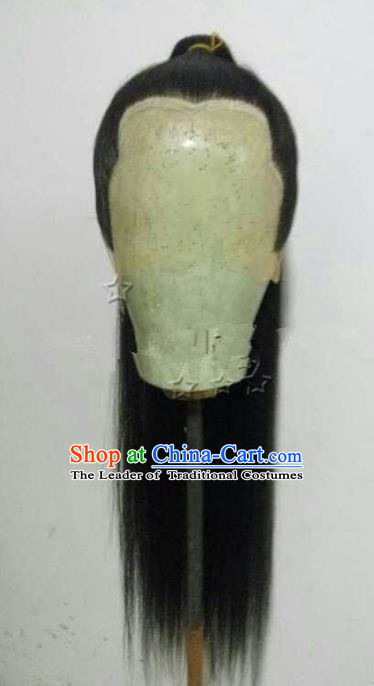 Chinese Ancient Opera Swordsman Taoist Priest Black Wig, Traditional Chinese Tang Dynasty Kawaler Wig Sheath for Men