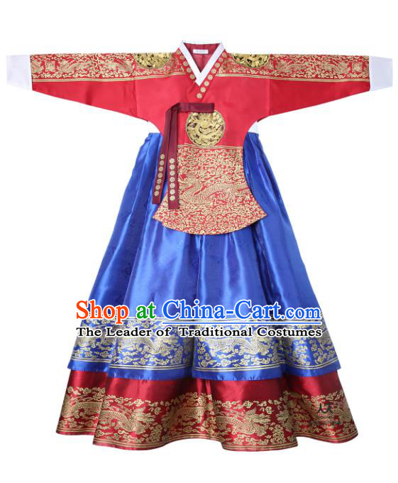 Asian Korean National Handmade Wedding Clothing Palace Bride Hanbok Costume Embroidered Red Blouse and Blue Dress for Women