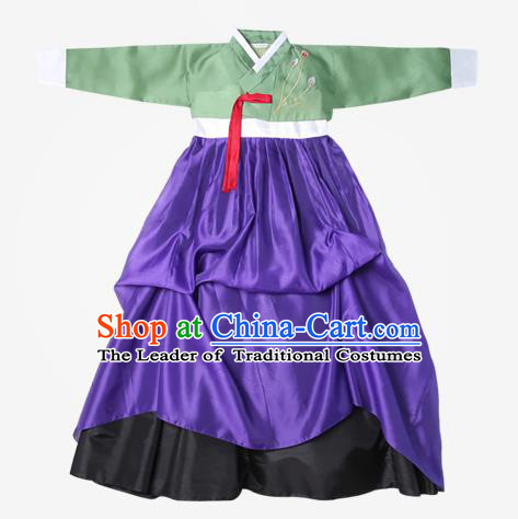 Top Grade Korean National Handmade Wedding Clothing Palace Bride Hanbok Costume Embroidered Green Blouse and Purple Dress for Women