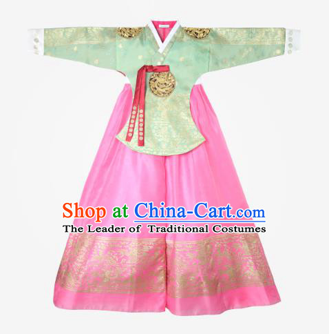 Top Grade Korean National Handmade Wedding Clothing Palace Bride Hanbok Costume Embroidered Green Blouse and Pink Dress for Women