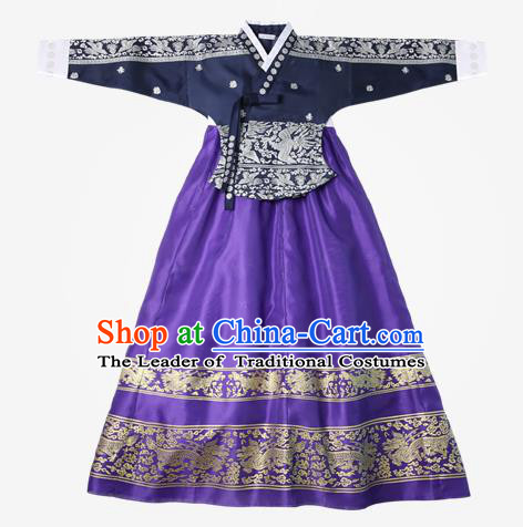 Top Grade Korean National Handmade Wedding Clothing Palace Bride Hanbok Costume Embroidered Navy Blouse and Purple Dress for Women