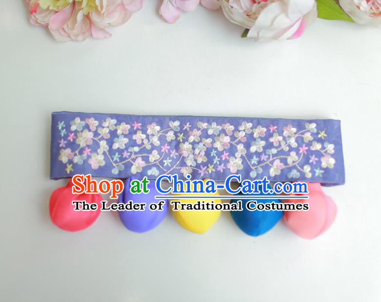 Traditional Korean Accessories Embroidered Flowers Blue Waist Belts, Asian Korean Fashion Waistband Decorations for Kids