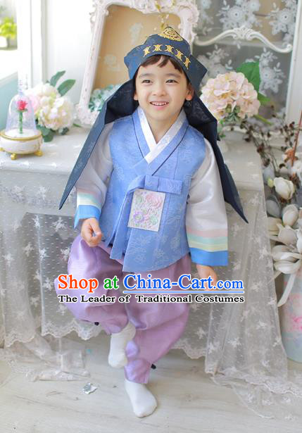 Asian Korean National Traditional Handmade Formal Occasions Boys Embroidery Light Blue Vest Hanbok Costume Complete Set for Kids
