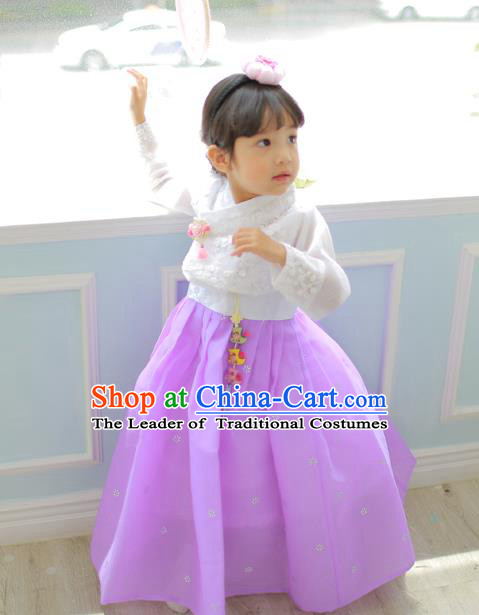 Korean National Handmade Formal Occasions Girls Clothing Palace Hanbok Costume Embroidered White Blouse and Purple Dress for Kids