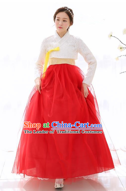 Top Grade Korean National Handmade Wedding Clothing Palace Bride Hanbok Costume Embroidered White Blouse and Red Dress for Women