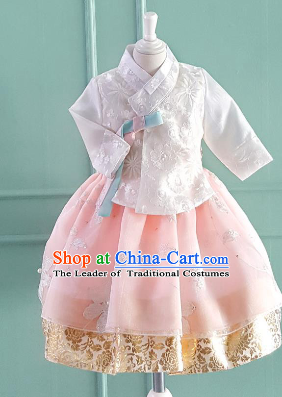 Korean National Handmade Formal Occasions Girls Clothing Palace Hanbok Costume Embroidered White Blouse and Pink Dress for Kids