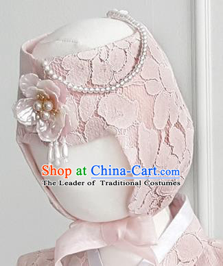 Korean National Bride Hair Accessories Pink Lace Hats, Asian Korean Hanbok Palace Headwear for Kids