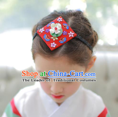 Korean National Bride Hair Accessories Embroidered Flowers Red Hair Clasp, Asian Korean Hanbok Palace Headband Headwear for Kids