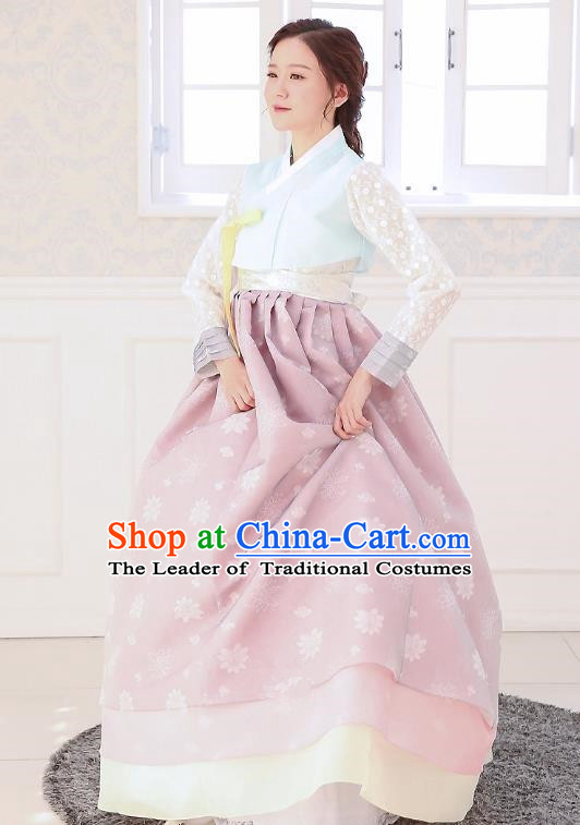 Top Grade Korean National Handmade Wedding Clothing Palace Bride Hanbok Costume Embroidered Blue Blouse and Purple Dress for Women