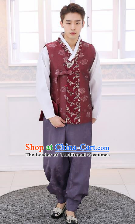 Asian Korean National Traditional Formal Occasions Wedding Bridegroom Embroidery Wine Red Vest Hanbok Costume Complete Set for Men