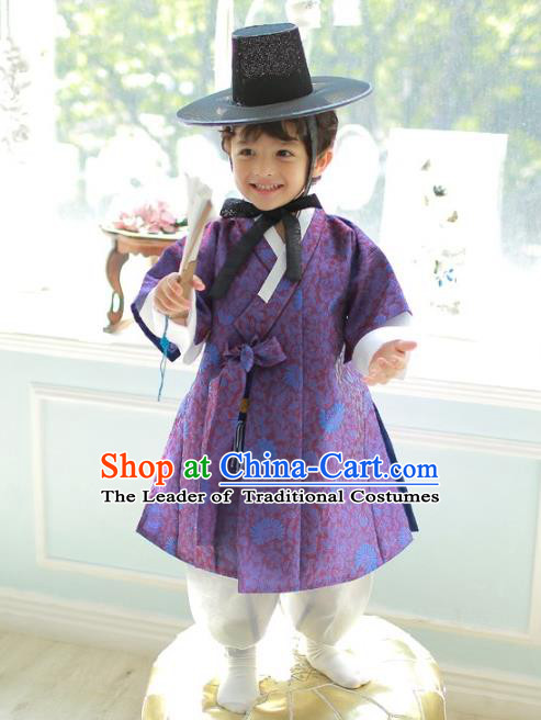 Asian Korean National Traditional Handmade Formal Occasions Boys Embroidered Purple Vest Hanbok Costume Complete Set for Kids